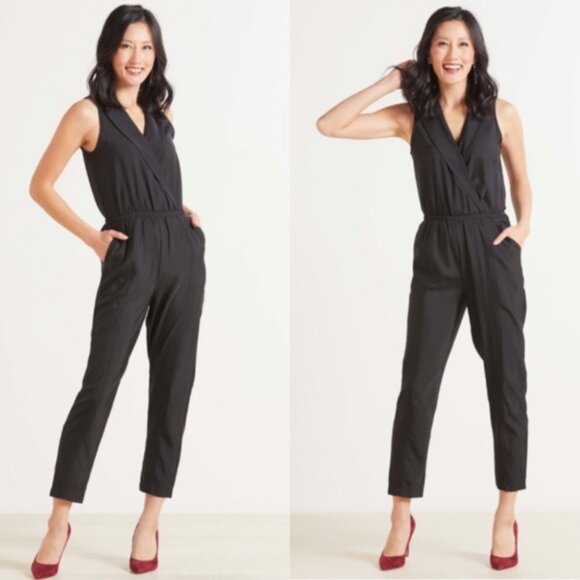 COS 100% Silk Surplice Jumpsuit Cap Sleeve Pocket Elastic Waist Black - Picture 2 of 12
